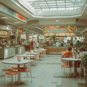 A bustling 1992 mall food court, filled with retro fast-food cou...