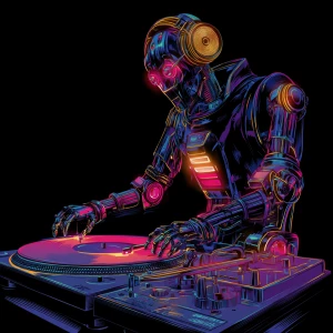 Futuristic DJ robot with glowing neon lights, mixing music on a...