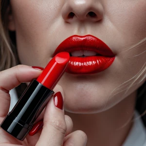 > “Close-up of female hand holding a red lipstick, model’s lips...
