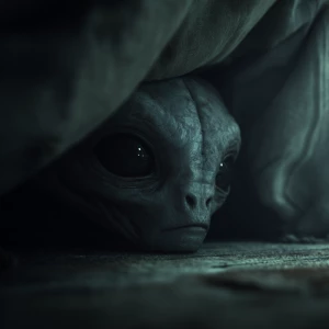 A Grey alien emerging from under the bed