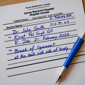 make a hand written doctor note of surrey memorial hospital Cana...