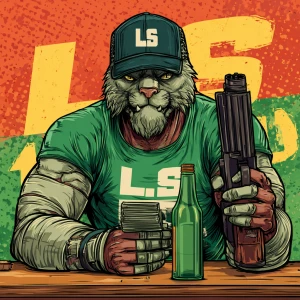 A humanoid cat character with a muscular build, wearing a green...