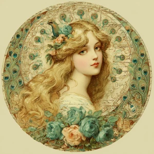 Circular cameo frame with fine laurel filigree; serene lady with...