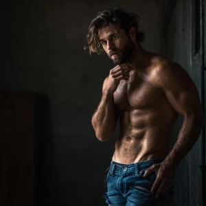 Describe the image of a man exuding confidence and strength in a...