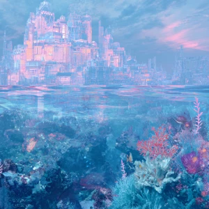 In the center of the photograph, an ethereal underwater city eme...