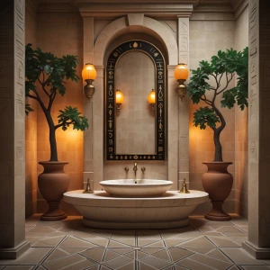 Generate a detailed image of a sumptuous bathroom designed with...