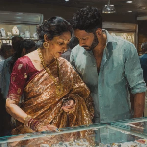 realism,oil painting.a  mature gujarati mother in law in her 40s...