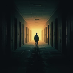 cinematic visual — person walking down a long corridor lined wit...