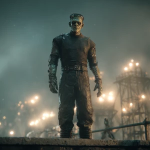 "A wide cinematic shot from a live-action 1990s sci-fi movie. Fr...