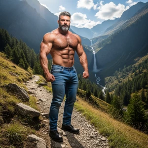 Make a man with gray-black hair and beard bodybuilder big arms a...