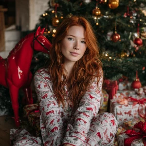 woman sitting near Christmas tree looking into the camera in Chr...