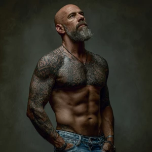 Create an image featuring a muscular, bald man sporting a full b...