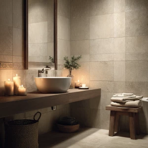 Create a sophisticated spa-like atmosphere in a compact beige-to...