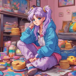 A petite, energetic teenage girl with shoulder-length lavender h...