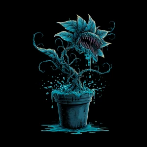 A graphic-style illustration of a sinister silver house plant mo...