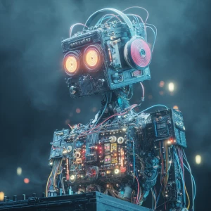 Retro-futuristic robot DJ with wires and circuits exposed, vibra...