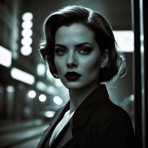 A cinematic portrait of Sandra Bullock in a classic film noir st...