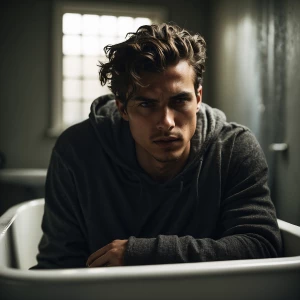 young man lying in a white bathtub, fully clothed, smoking a cig...