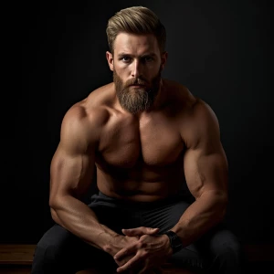 This professional portrait features a male model in a dramatic i...