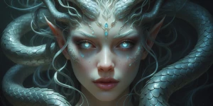 Intricately entwined serpentine tresses cascade like living shad...