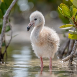 A newborn baby flamingo chick named Flan, soft pale-gray down wi...
