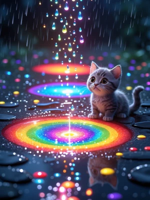 Colorful glowing rainbow puddles forming where tears fall, magic...