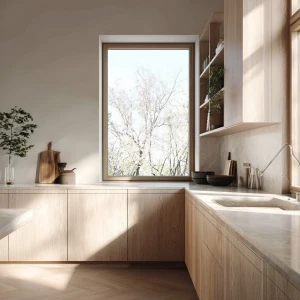 Generate an image of a Scandinavian kitchen interior featuring m...