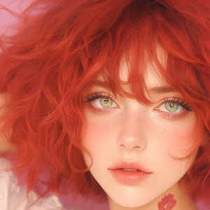 A beautiful redhead supermodel woman, with both hands supporting...