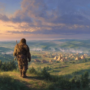 A sasquatch stares at a Indian village at a distance