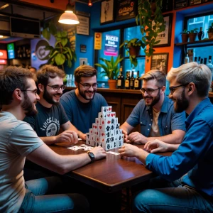 Group of queer people sitting around a table in a bar. They have...
