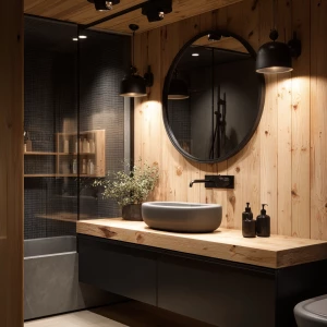Design a small bathroom with wooden walls and ceiling, matte bla...