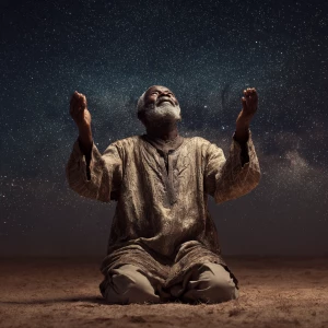 Create an image of a older African man 70 years old on his knees...