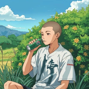 Landscape shot of A japanese boy with shaved head , enjoying can...