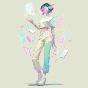 Anime woman math-sorceress, sleek bob, holo-visor displaying ( )...