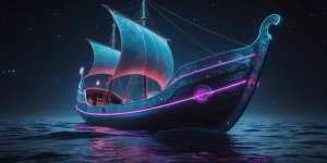 A mesmerizing cosmic caravel floats through the void, a shimmeri...