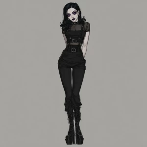 Generate an image of a goth girl with dark makeup, featuring her...