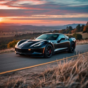 Black chevy corvette   on a hill looking  over a sunset make it...