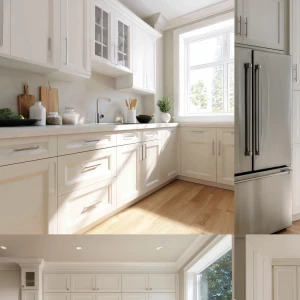 A bright modern kitchen with freshly painted cabinets in soft wh...