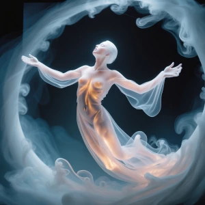 A luminous astral figure suspended in a swirl of mist and light,...
