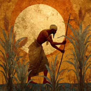 An ancient Egyptian farmer, painted in the style of a faded temp...