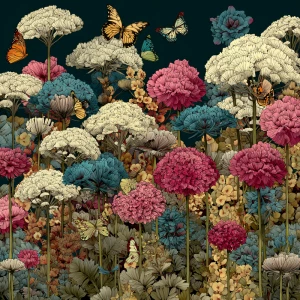 a flower garden full of butterflies"