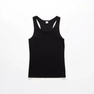 Produce an elegant flat lay image featuring a basic black tank t...