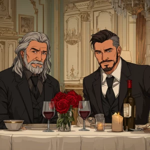 Make two bodybuilder men both gray hair one with long wavy hair...