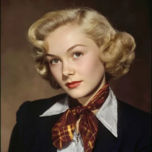 Blonde haired woman in thr 1950s in proper attire