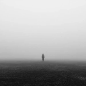 Monochrome figure in fog, poetic mood