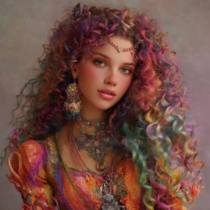 An enchanting woman with cascading curly hair in vibrant rainbow...