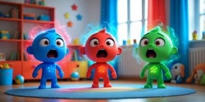 Bright kids room, three floating cartoon colors (Red, Blue, Gree...