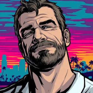 White muscular thin man with beard, big chin, smile and cheekbon...