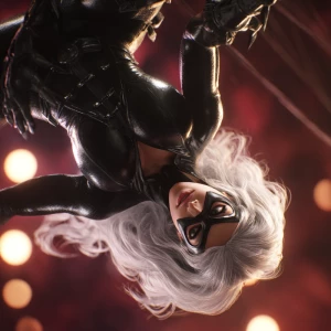 Generate Felicia Hardy, Black Cat in a dynamic upside-down acrob...