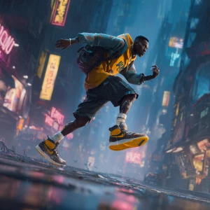 Create a detailed scene featuring a highly agile and fit Nigeria...